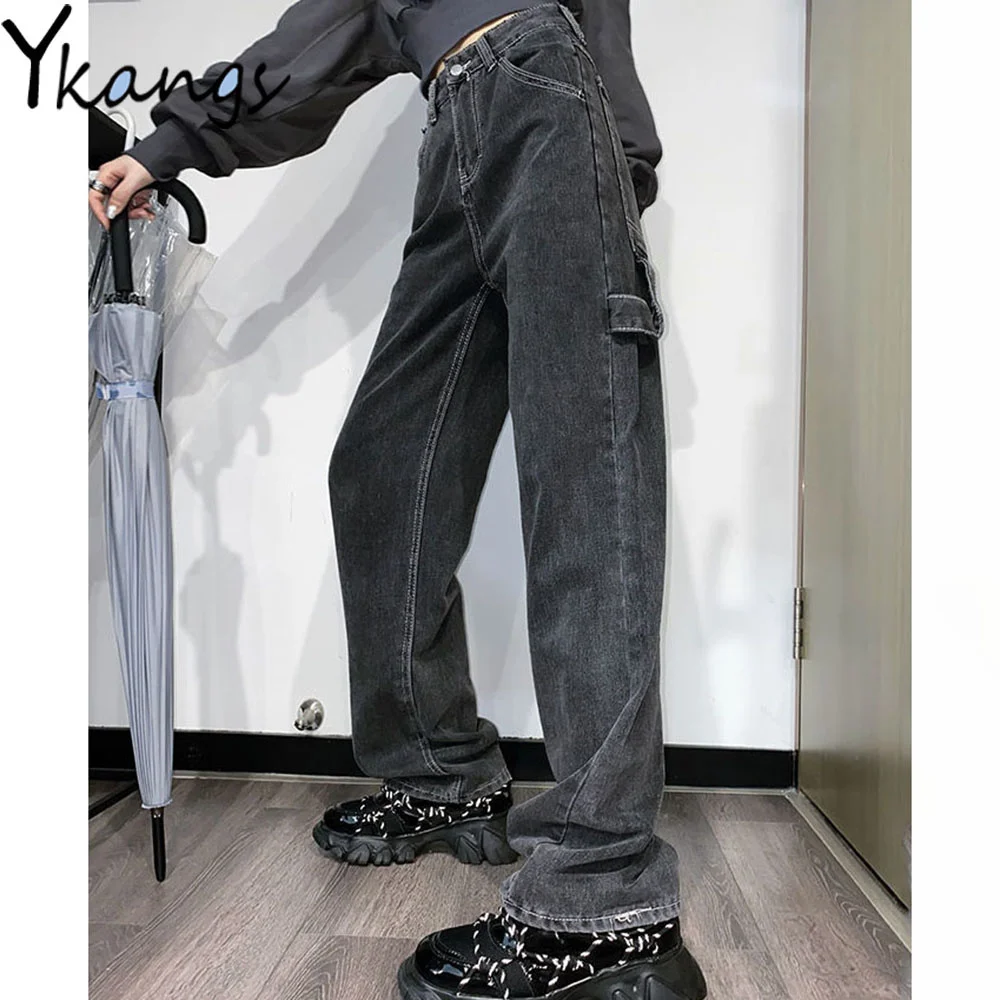 

Black Pocket Girdle Stitching High Waist Wide Leg Jeans Baggy Hip Hop Streetwear Harajuku Cargo Pants Gothic Y2k Denim Trousers