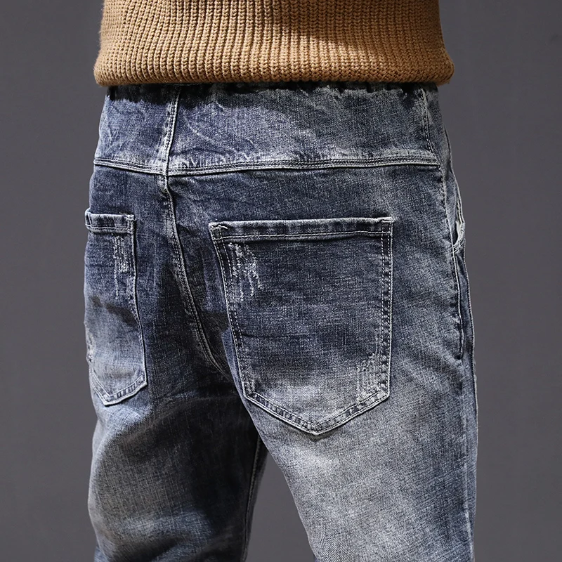 KSTUN joggers jean men motorcycle jeans streetwear drawstring elastic waist ruched Pants leisure riding jeans male plus size 42