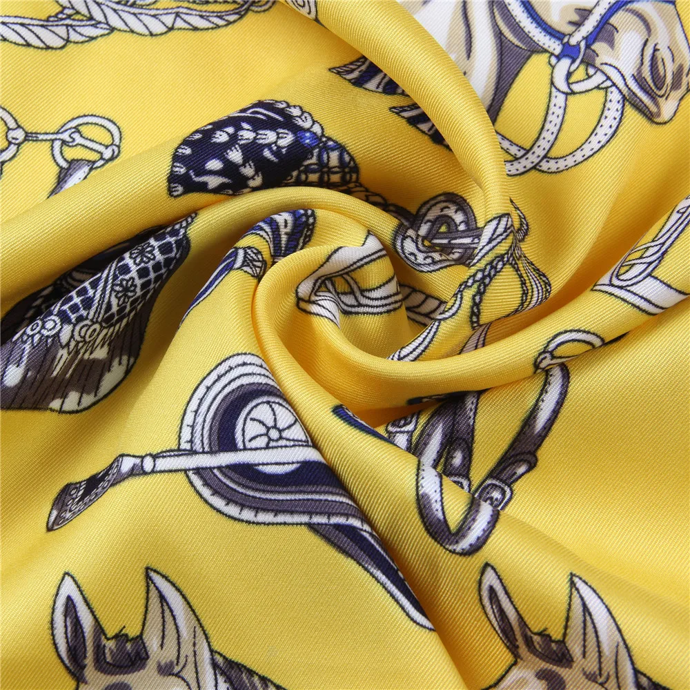 Silk Scarf Women Horse Saddle Print Stoles Square Scarves Wraps Large Bandana NecKerchief Lady Hijabs Female Silk Foulards 130CM