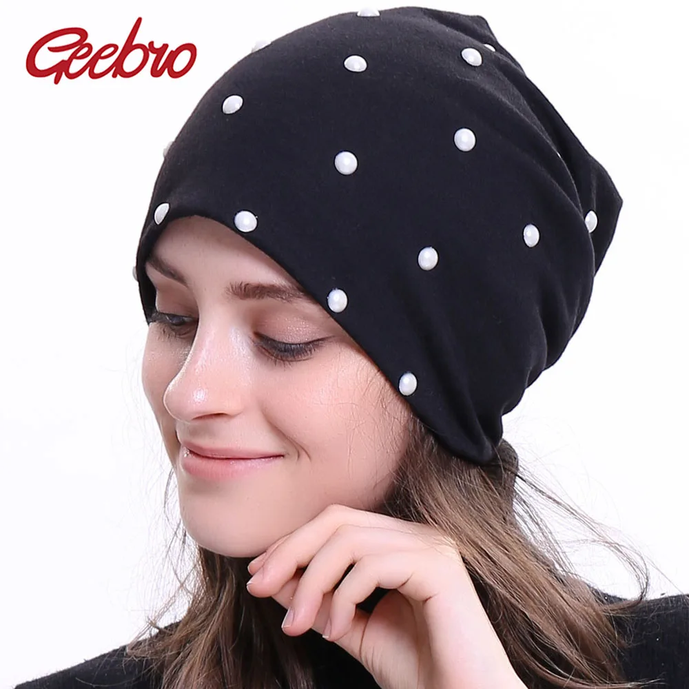 Geebro Women Soft Elastic Beanies Lady With White Pearl Hats Slouchy Female Casual Solid Color Balaclava Skullies Caps Bonnet