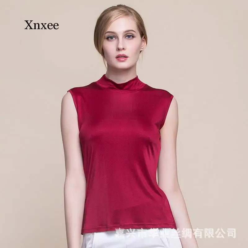 Elegant Summer Women Silk Tank Tops Casual Knitted Half High Collar Shirts Comfortable Breathable Loose T-Shirts Slim Vest Tee