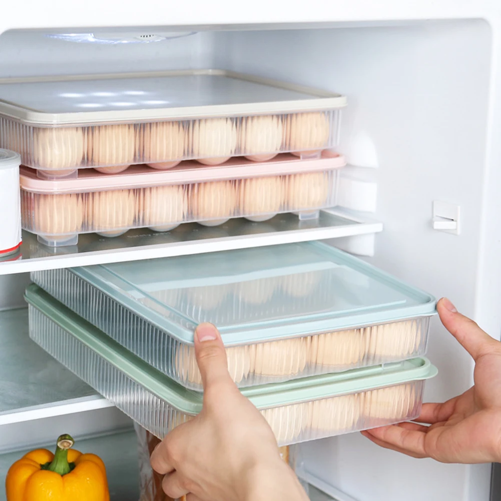 24-Eggs Holder Food Container Crisper Organizer Refrigerator Food Storage Box Dumplings Vegetable Egg Holder Stackable Microwave