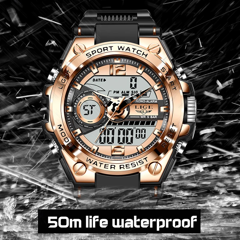 2021 LIGE Sport Men Quartz Digital Watch Creative Diving Watches Men Waterproof Alarm Watch Dual Display Clock Relogio Masculino