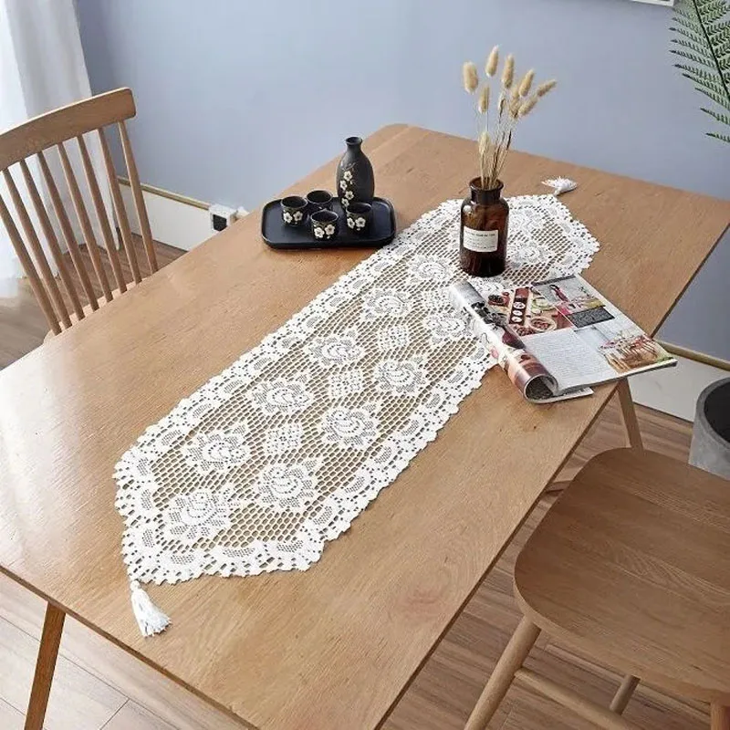 American Pastoral Style Table Runner, Hollowed Out Lace Dining Pad, White Restaurant Table Runner, TV Cabinet Dust Cover Cloth