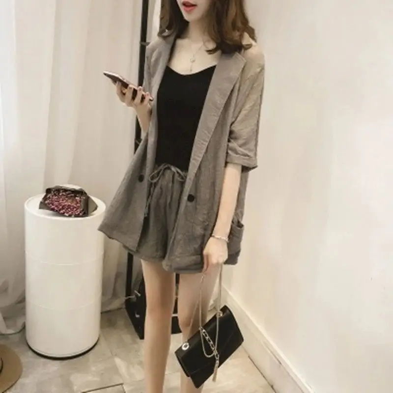 2024 Summer New Women\'s Suits Korean Oversized OL Thin Coat Shorts Suit Cotton Linen Suit Two Piece Sets Blazer And Shorts Sets