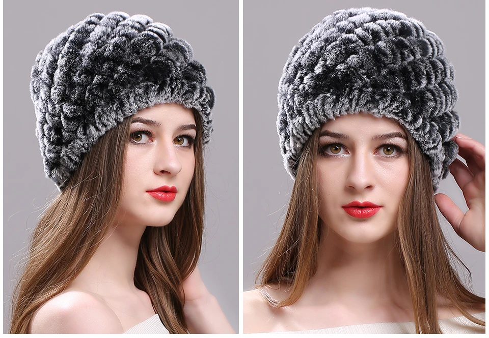 Echt Rex Kaninchen Pelz Hut Elastische Gestrickte Kappe mit Streifen Design Winter Hut für Frauen Damen Herbst Kopfbedeckungen Mode Mädchen bonnets – Detail 11