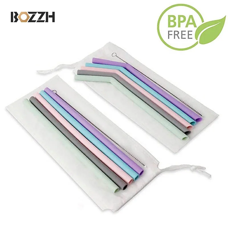 BOZZH 6Pcs Reusable Silicone Straw Drinking Straws With Cleaning Brush Environmental Protection Straws Party BPA Free