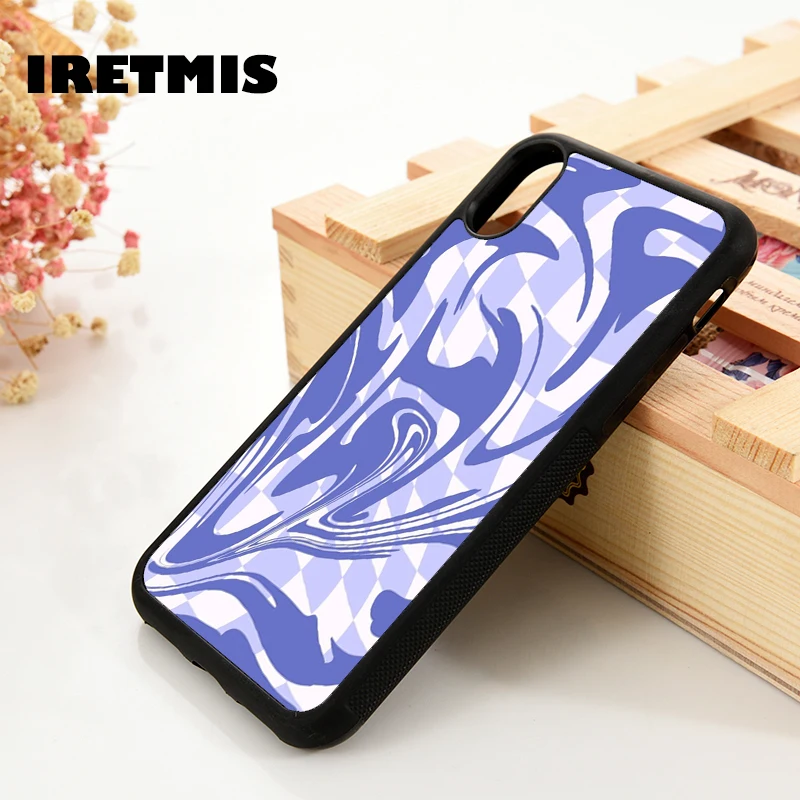 Iretmis 5 5S SE 6 6S TPU Silicone Phone Case Cover for iPhone 7 8 Plus X Xs 11 12 MINI Pro Max XR Warped Lavender Swirl Checker