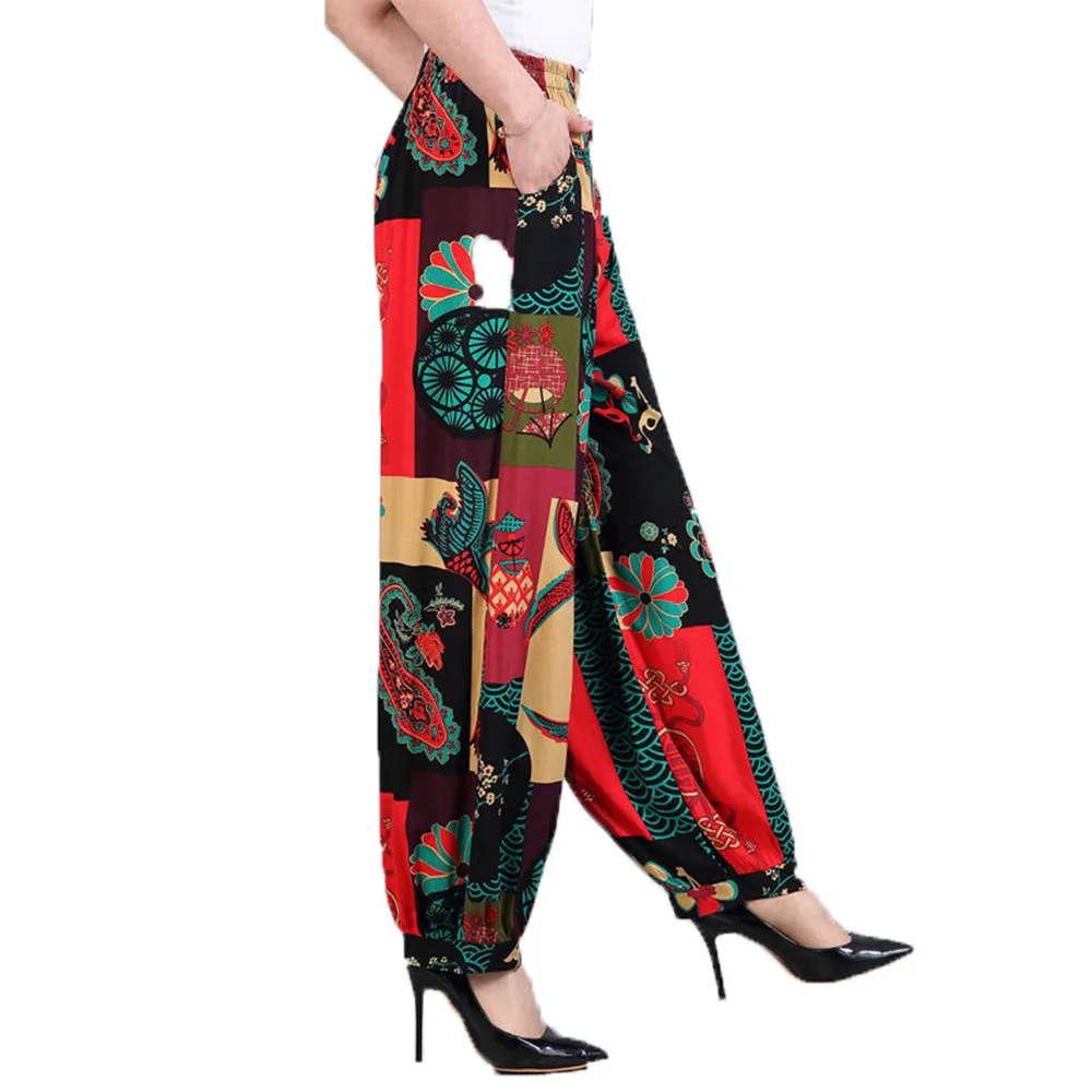 Summer Cotton Silk Wide-Leg Pants Mid-Aged Elderly Women's Pants Loose Bloomers Middle-Aged Female Printing Trousers Fashion 5XL