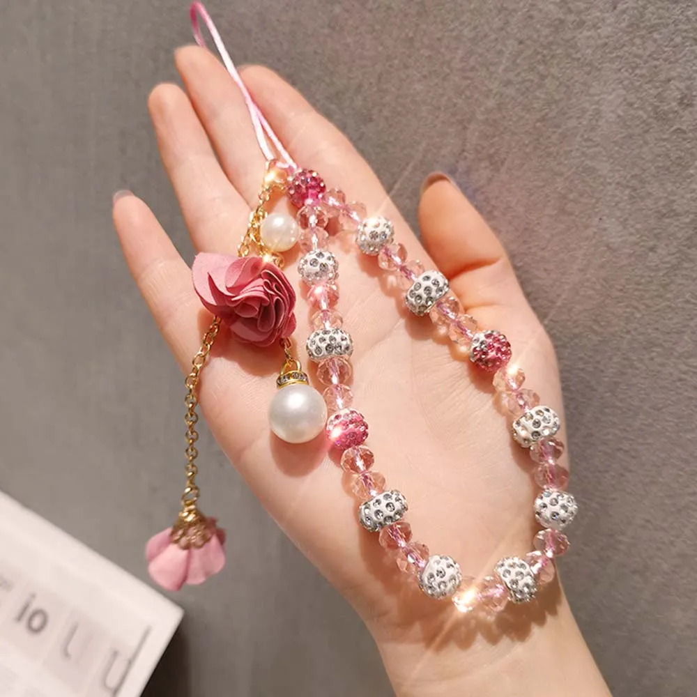 Trendy Beads Chain Mobile Phone Lanyard Short Cord for Key USB Crystal Bracelet Phone Case Flower Pendant Anti-lost Wrist Straps