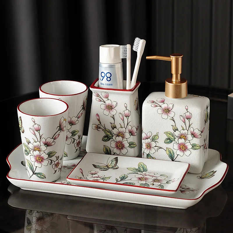 European Ceramic Bathroom Accessories Set Overglaze Flowers Decorative Hand Sanitizer Container Creative Modern Home Decoration