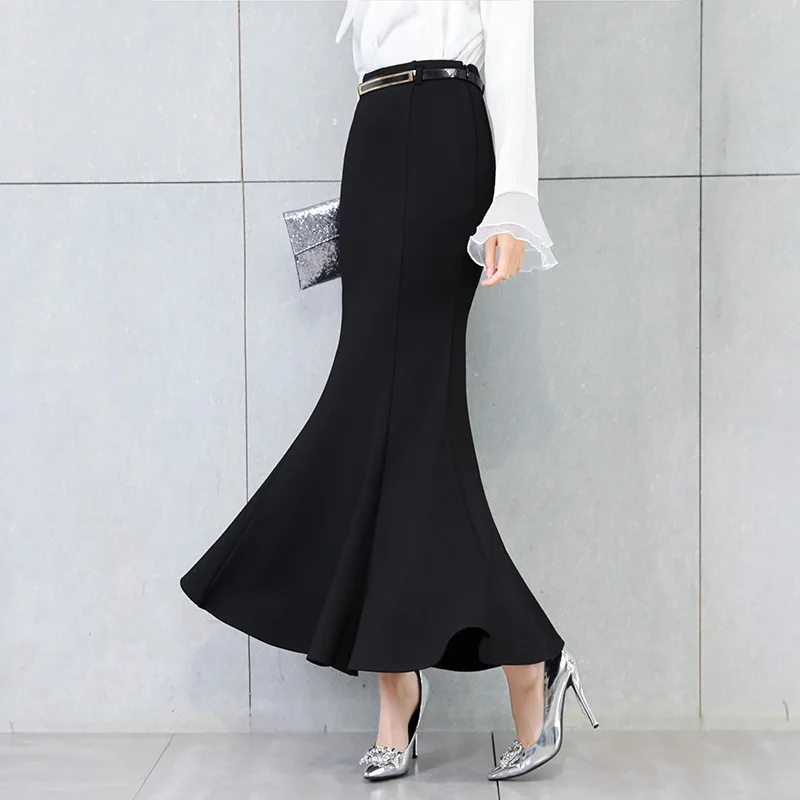 Women\'s Mermaid Style High Waist Long Maxi Skirt with Belt, Plus Size S-3XL, Stretch, Spring and Autumn 2026,Black And Red