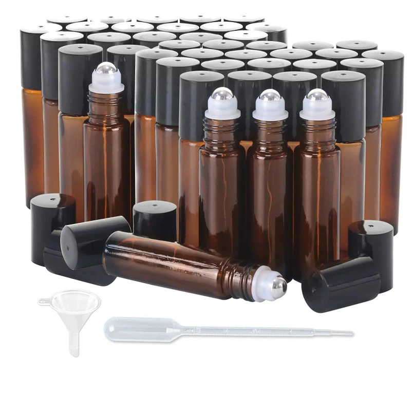 25pcs 10ml Amber Glass Roller Bottles with Stainless Steel Balls UV Protection Essential Oil Glass Roller Bottle