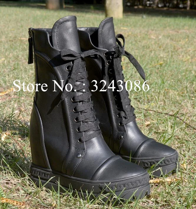 New 10cm Heel Leather Woman Short Boots Fashion Lace-up Platform Lady Wedge Boots Sexy Increasing Heel Female Casual Boots