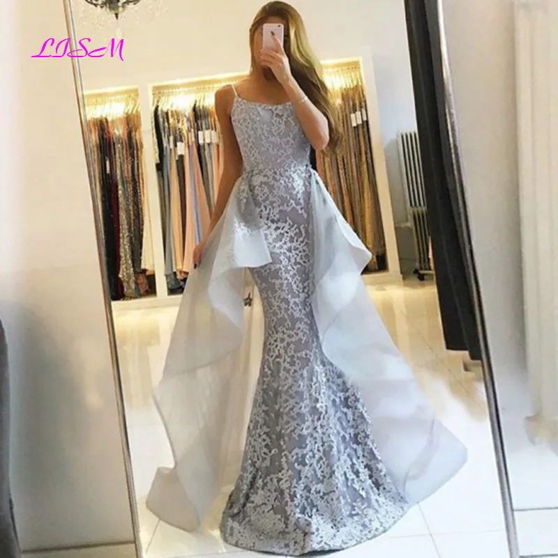 Grey Mermaid Evening Dress Sexy Spaghetti Straps Detachable Train Prom Dress Saudi Arabia Lace Party Gowns robe de soiree 2020