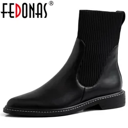 FEDONAS Fashion Women Genuine Leather Knitting Ankle Boots Winter New High Heels Party Night Club Shoes Woman Chelsea Boots