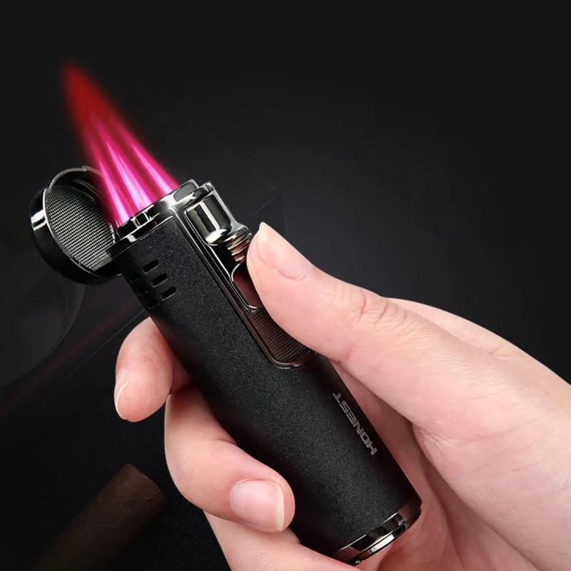 Cylindrical Metal Windproof Gas Lighter Red Flame Four Nozzle Spray Gun Multifunction Cigar Butane Lighters Cigar Drill