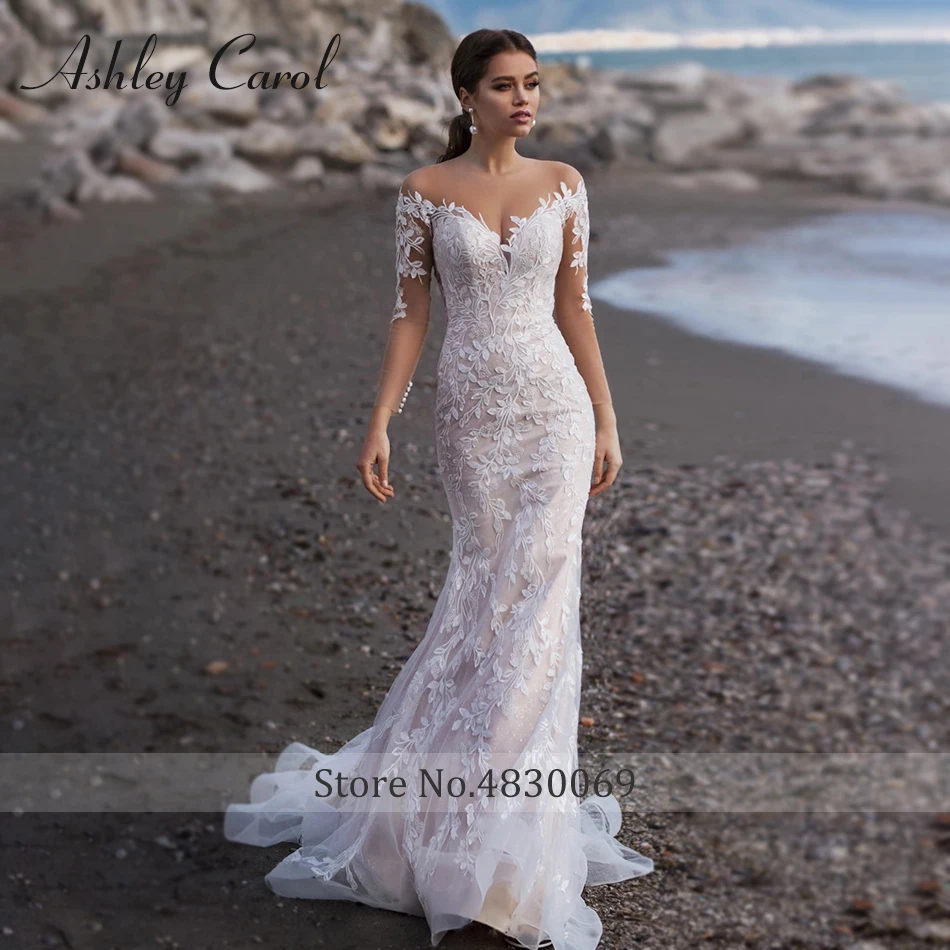 Ashley Carol – robe De mariée sirène, tenue De plage romantique, dos nu, avec des Appliques, à manches longues, collection 2023