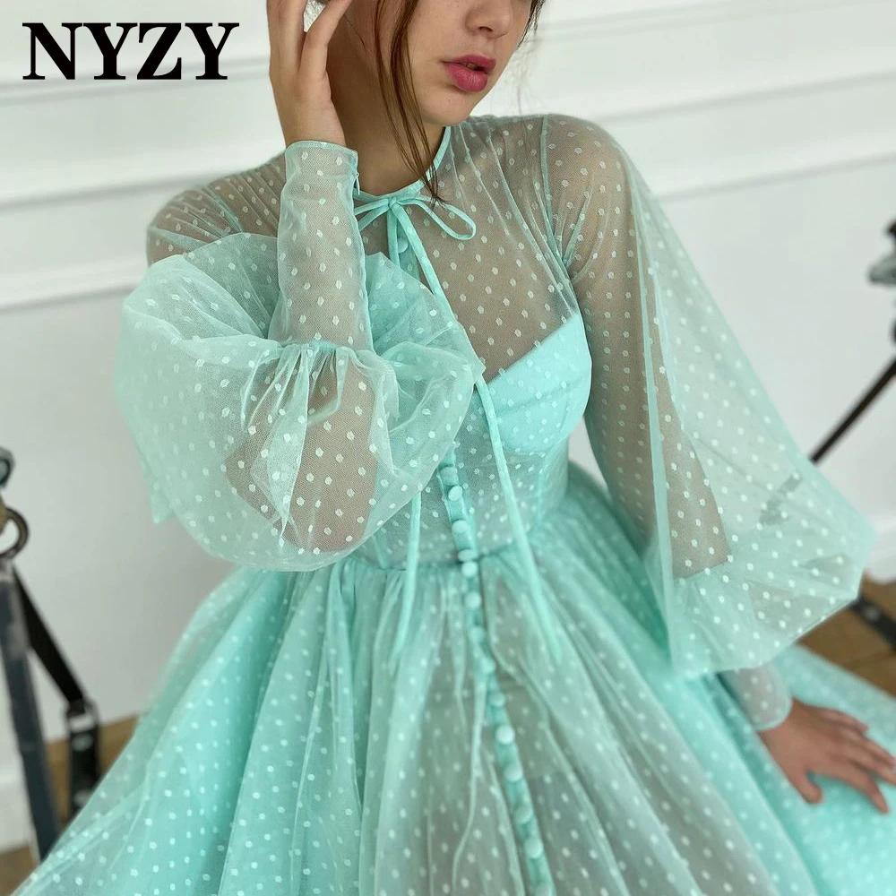 NYZY New Arrival kropki tiul długie rękawy krótkie suknie balowe 2021 Party Dress Cocktail Graduation Homecoming suknie wieczorowe