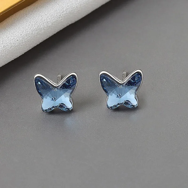 

KOFSAC New 925 Sterling Silver Stud Earrings For Women Jewelry Romantic Crystal Blue Butterfly Earring Girl Party Accessories