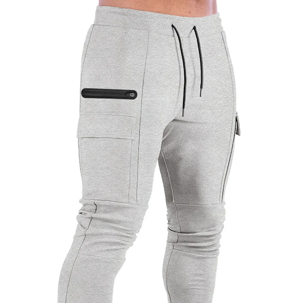 Men\'s muscle fitness running training sports cotton trousers men\'s breathable slim fit casual health pants pockets