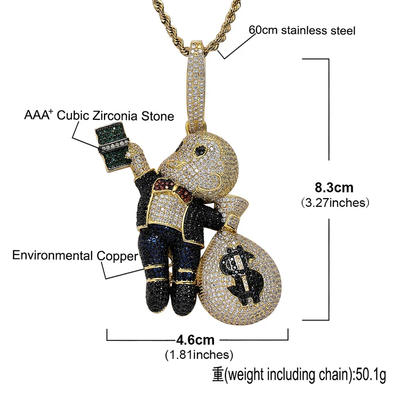 Hip Hop Full CZ Zircon Paved Bling Iced Out Little Angel Give Dollars Money Pendants Necklace for Men Rapper Jewelry Gold Color