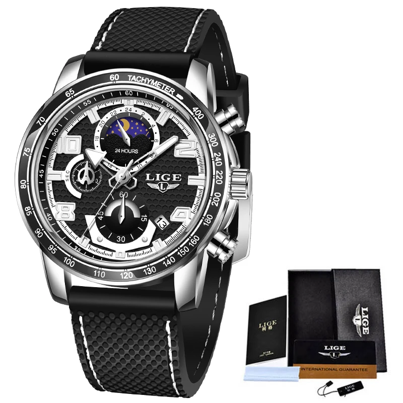 Relogio Masculino LIGE วันที่นาฬิกาข้อมือนาฬิกาควอตซ์ผู้ชายนาฬิกาแบรนด์หรู Chronograph กันน้ำซิลิโคนนาฬิกาข้อมือ