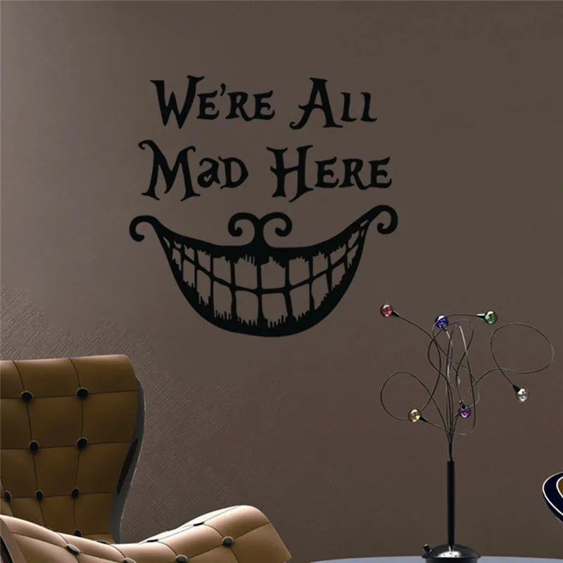 Halloween We Are All Mad Here Quotes Wall Stickers For Shop Home Decoration Diy Window Decals Festival Mural Art Vinyl Posters