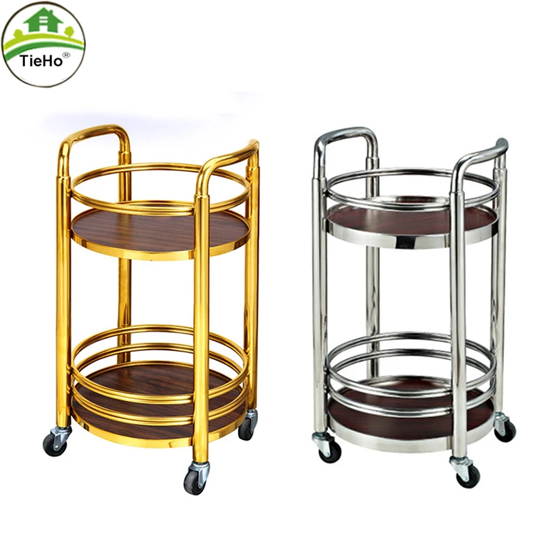 TieHo Movable Round Dining Car Trolley Home Kitchen Tea Cart Small Tea Table Hotel 2 Tier Wine Cart Serving Cart Golden