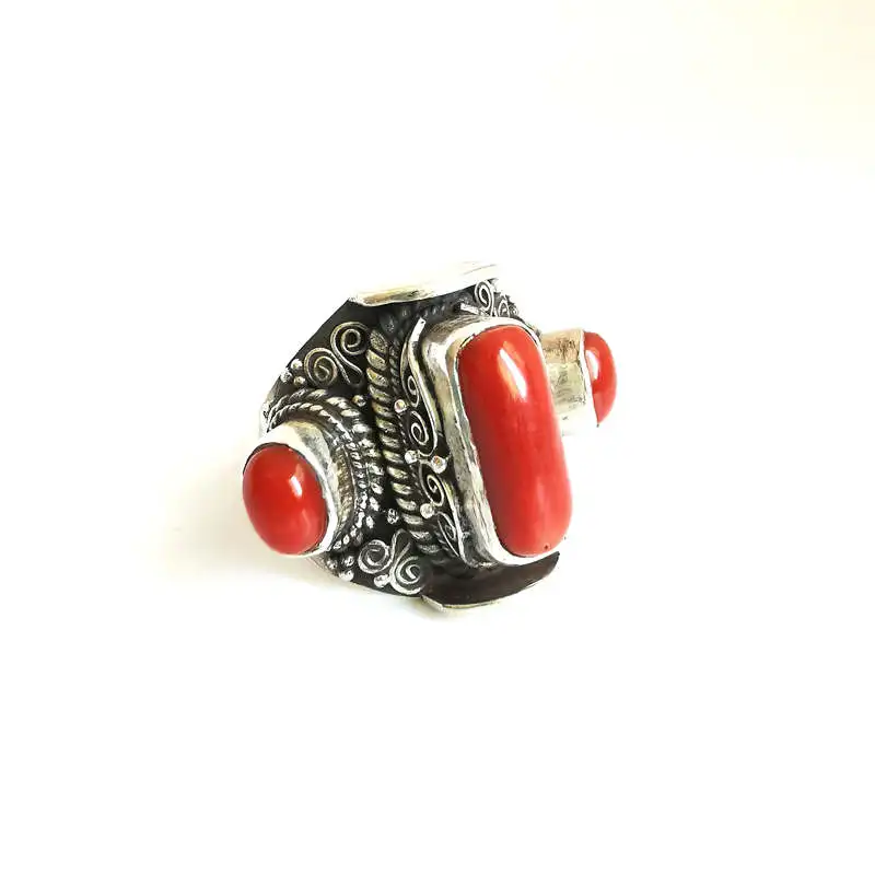 Nepal Hand 925 Sterling Silver Inlaid Bamboo Coral Lovely Rings for Girls Vintage Jewelry T9047