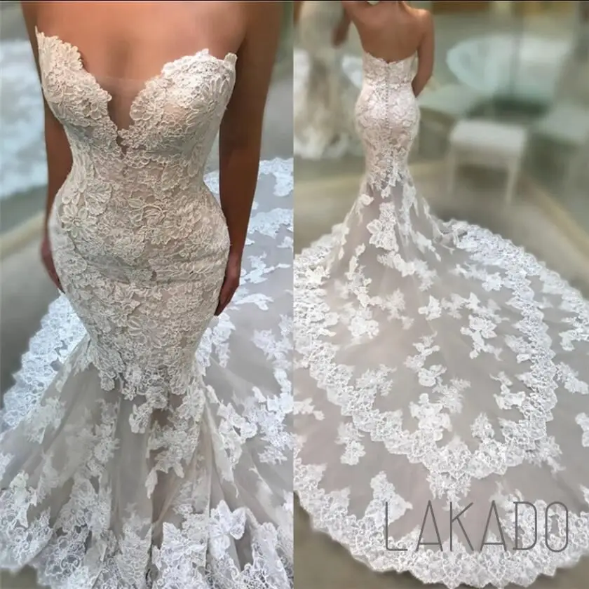 Vestidos de novia de sirena modernos hechos a medida, vestidos de encaje de tren de la Catedral para bodas