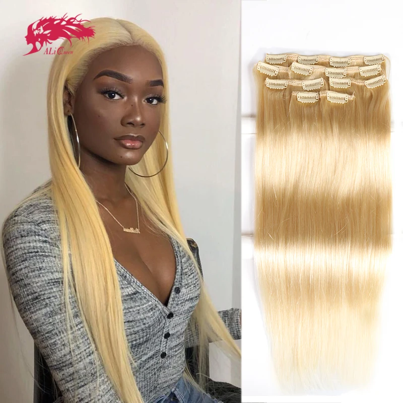 Ali Queen Hair Prosta spinka do przedłużania ludzkich włosów Naturalna czerń # 613 Blond 120G 7 sztuk/sztuk Zestawy ludzkich włosów Remy wykonane maszynowo