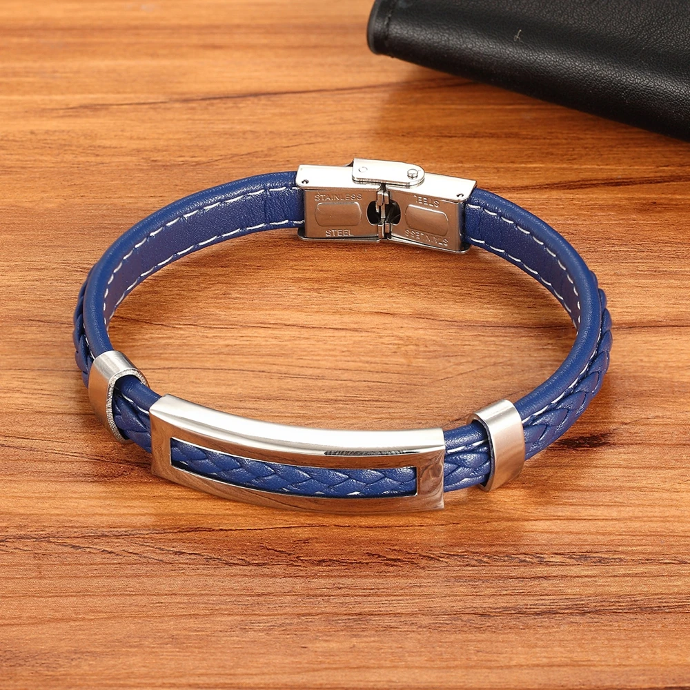 XQNI Stainless Steel Accessories Multi-color Rectangular Combination Blue Leather Classic Men\'s Bracelet Commemorative Gift