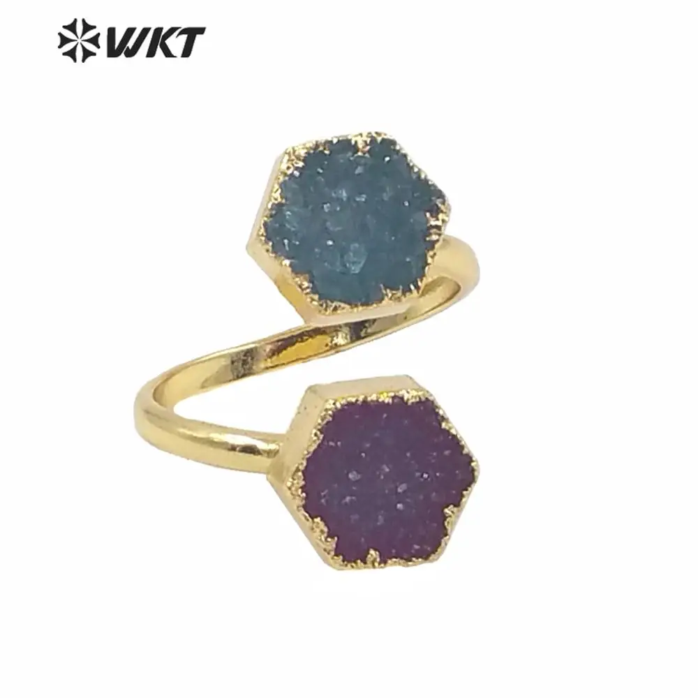 WT-R119 WKT Wholesale Double Colorful Natural Stone Rings With Gold Edged Raw Quartz For Women Party Gift Geometric Shape