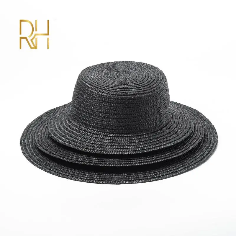 Lady kids Fashion Black Wheat Boater straw hat out Flat top cap Fedora 5 - 7cm 10cm 13cm brim wide Natural Grass Sun bowler hat