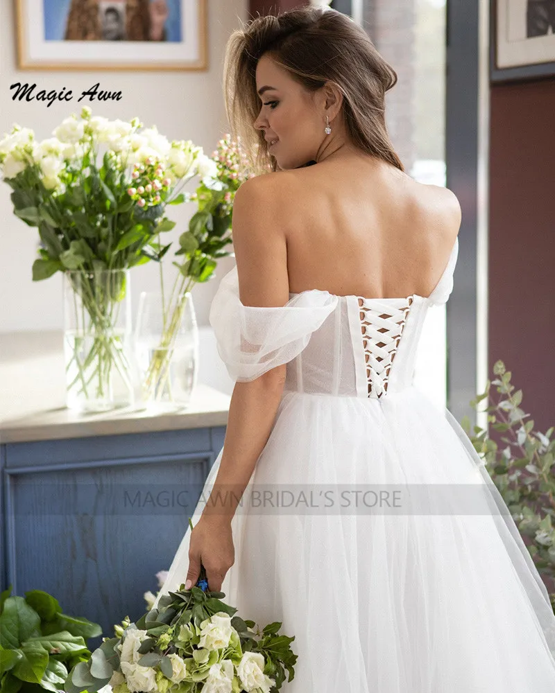 Magic Awn-vestidos de novia blancos bohemios para mujer, con hombros descubiertos, mangas largas hinchadas desmontables, vestidos de novia con ilusión campestre