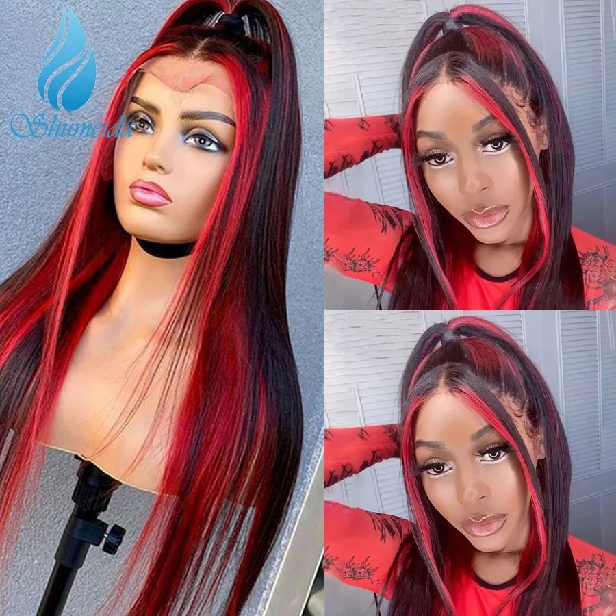 Shumeida Highlight Red Color 13*4 Lace Front Wigs Pre Plucked Hairline Peruvian Remy Human Hair Straight Glueless Wig for Women