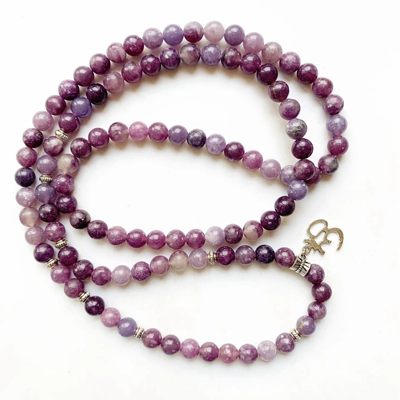 Natural Lepidolite Stones 108 Mala Beads Bracelets Necklaces Lotus Charm Reiki Healing Spiritual Buddhism  Jewelry 1pc