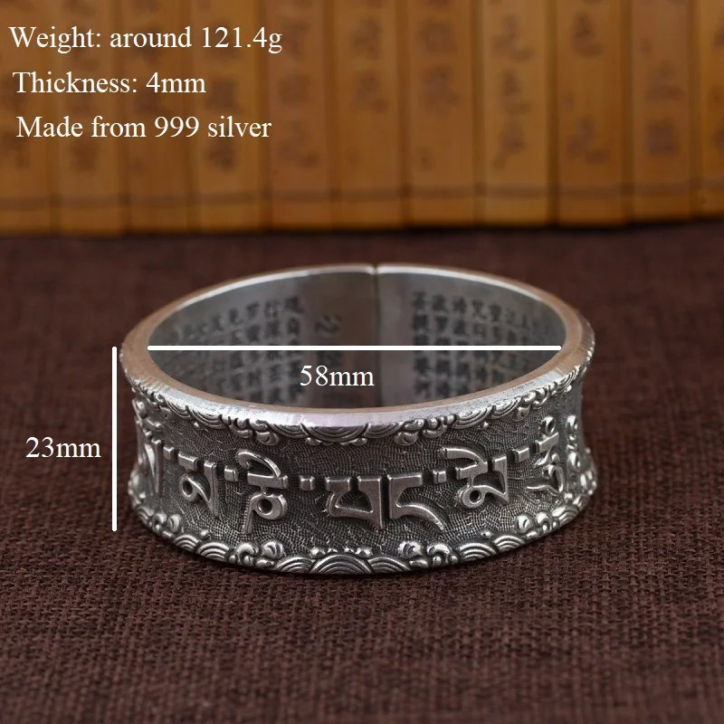 100% 990 Silver Tibetan Bracelet Tibetan Six Words Bangle The Buddhist Heart Sutra Cuff Bracelet