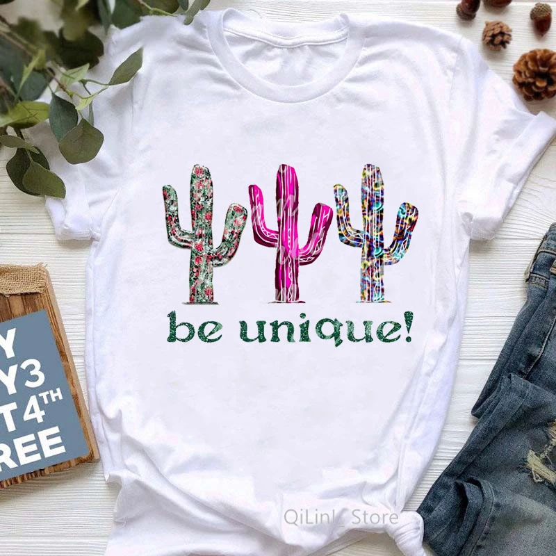 Be Unique Cactus T Shirt Women Fashion White T-Shirt Femme Summer Clothes Top Female Graphic Tees 90s 00s Student Girls Tshirts