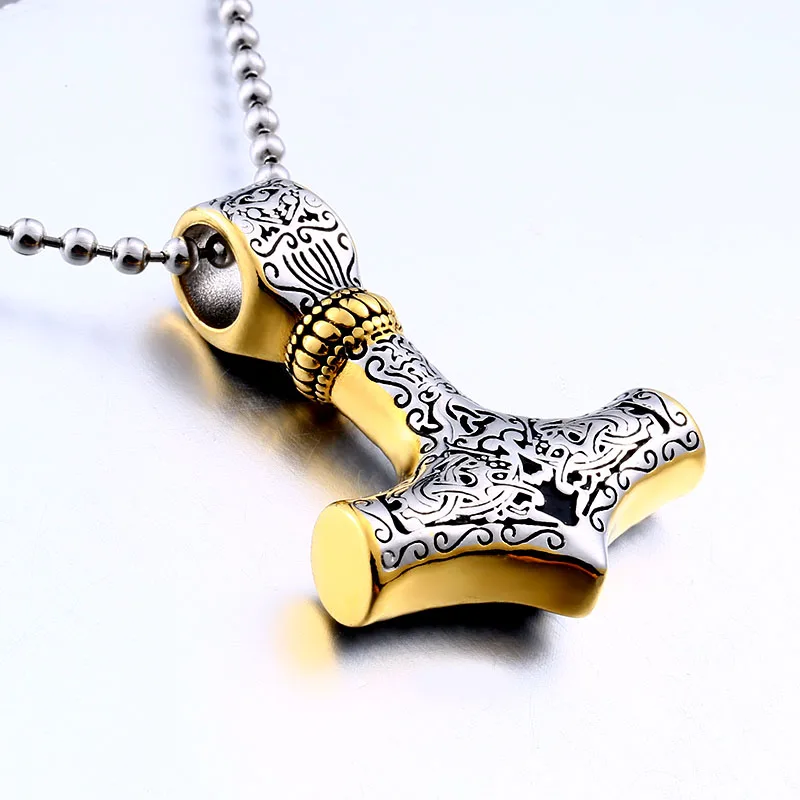 Beier 316L stainless steel Norse Viking Pendant Necklace Thor\'s Hammer Mjolnir Scandinavian  gold colour  amulet men jewelry 384