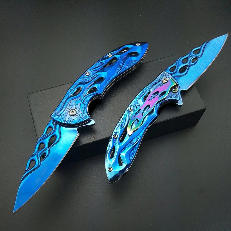 Blue Fire Flame Fold Knife blue Titanium Artwork Blade Handle Folding Knife Collect knife 440C Rainbow belt clam