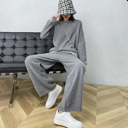 Fashion Suit 2020 Autumn Winter Women 100% Wool Knitted Thickened Sweater Women Tops And Wide Leg Pants Two-Piece Female Suit