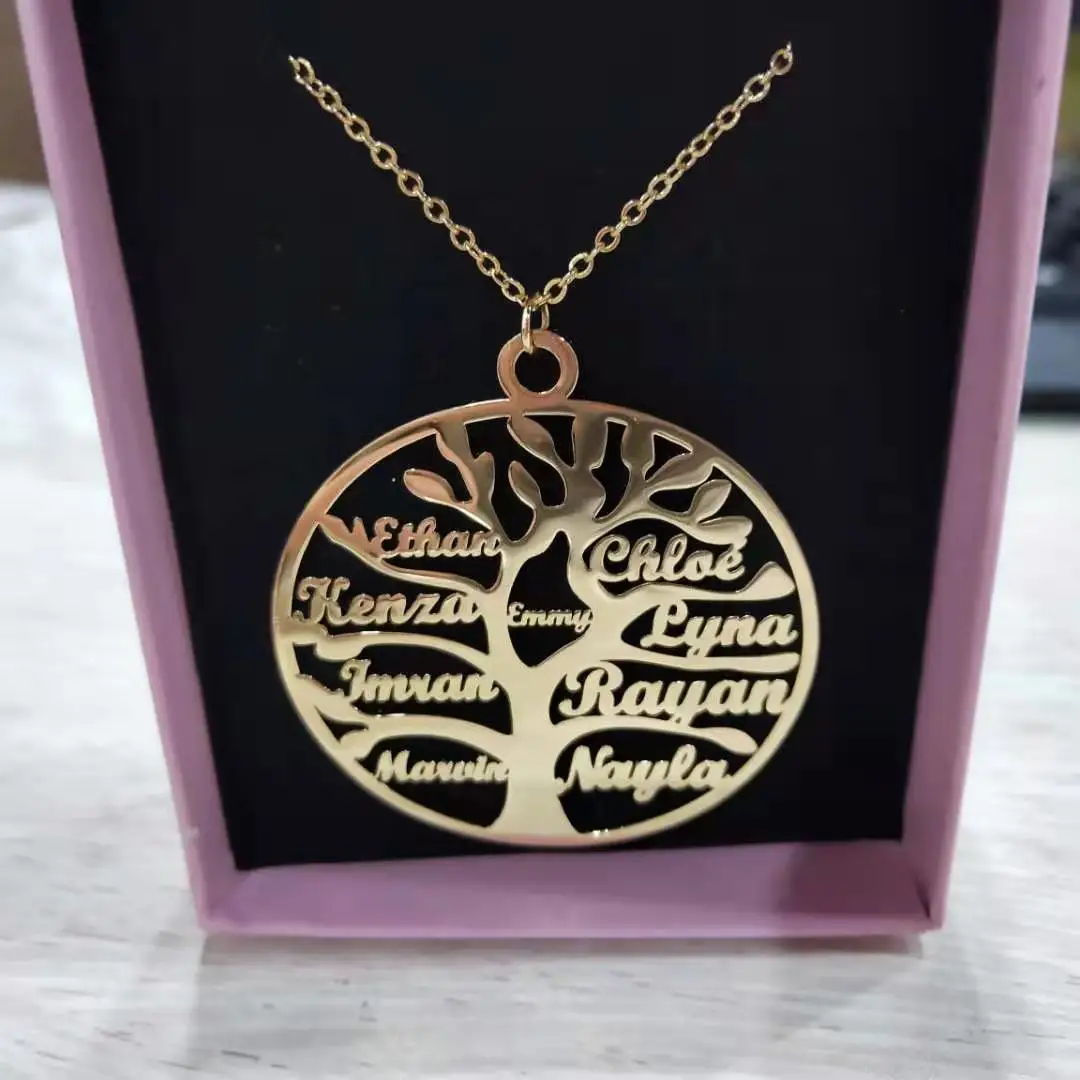 DOREMI Up to 9 Names Personalized Family Tree Name Necklace Stainless Steel/Tree of life necklace jewelry for Women Men/Custom