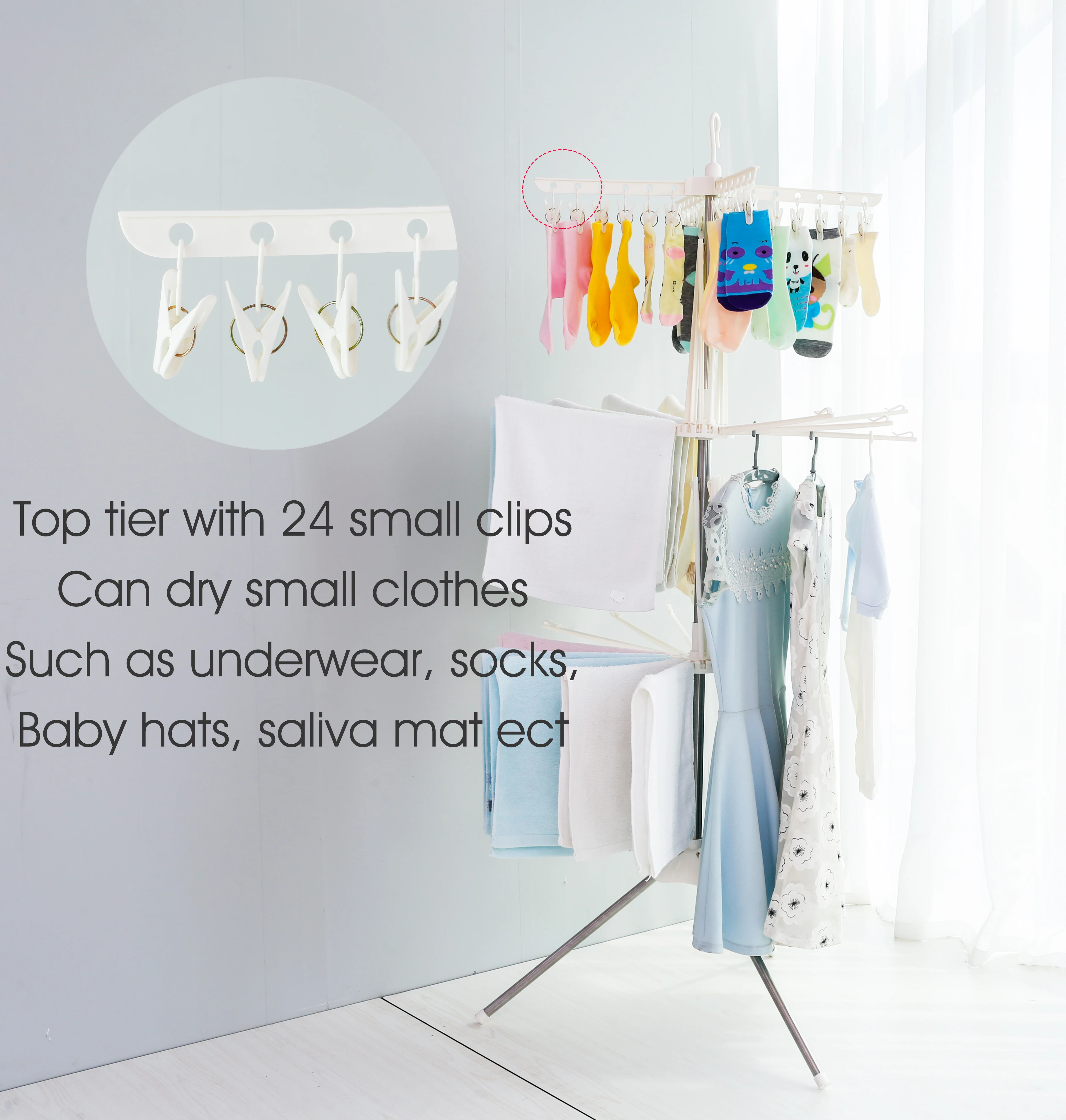 BAOYOUNI 3 Tiers Foldable Towel Drying Rack Baby Clothes Laundry Rack with Underwear Clips Saving Space 68.5*68.5*170cm