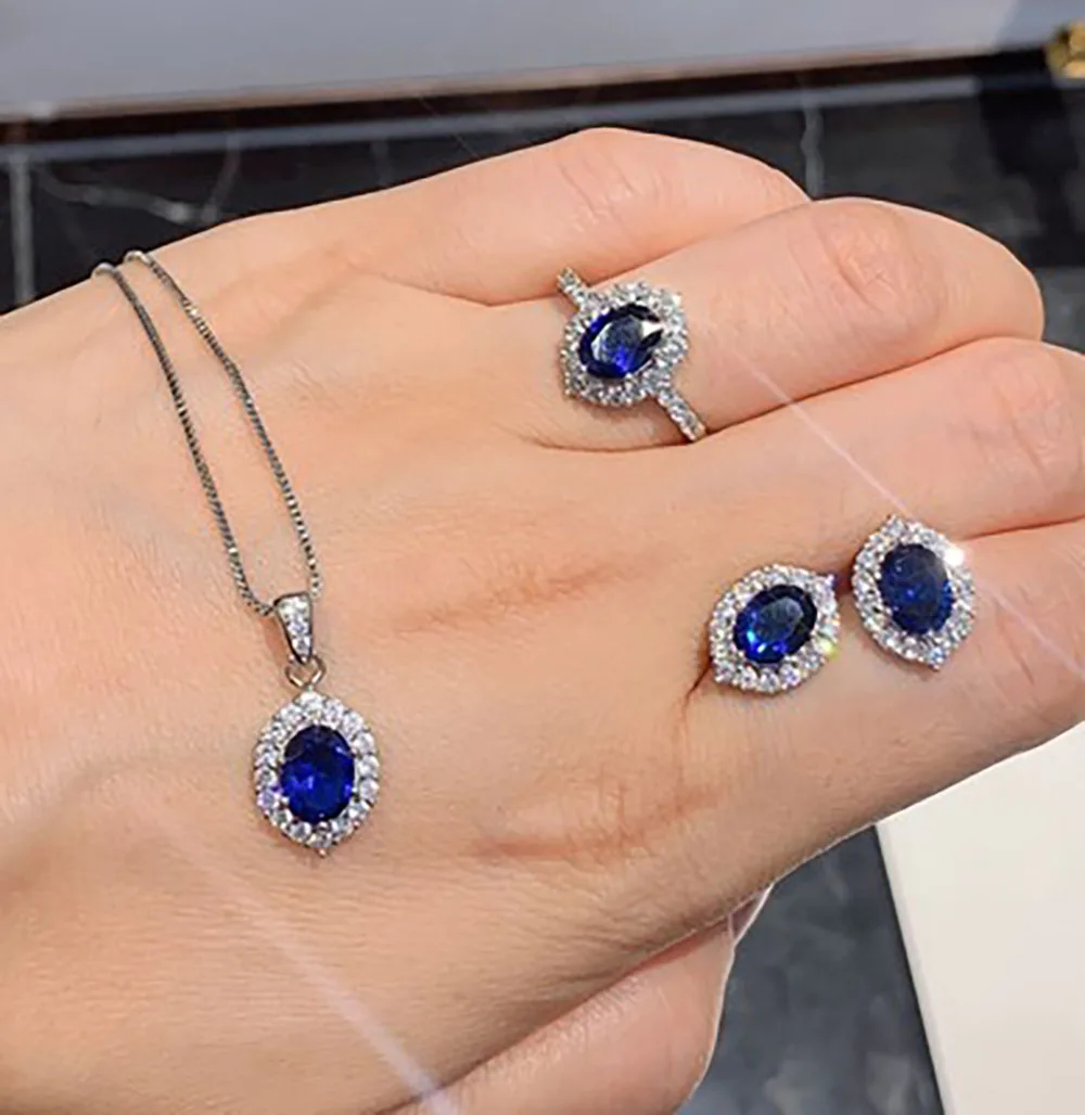Retro Sapphire Tanzanite Pendant Necklace Stud Earrings Ring Wedding Gemstone Fine Jewelry Sets Charms Birthday Gift for Women