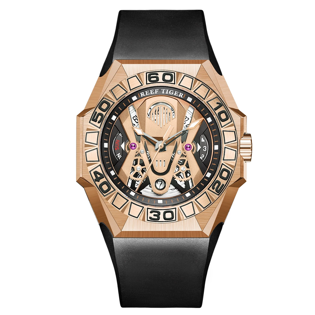 Reef Tiger/RT Men Sport Watches Automatic Mechanical Skeleton Watch Rose Gold Waterproof Rubber Strap Relogio Masculino RGA6912