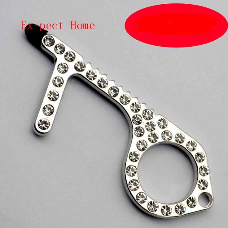 Non-Contact Door Opener alloy artificial diamond inlay pendant opener press Key Hook Touch screen keychain elevator tool