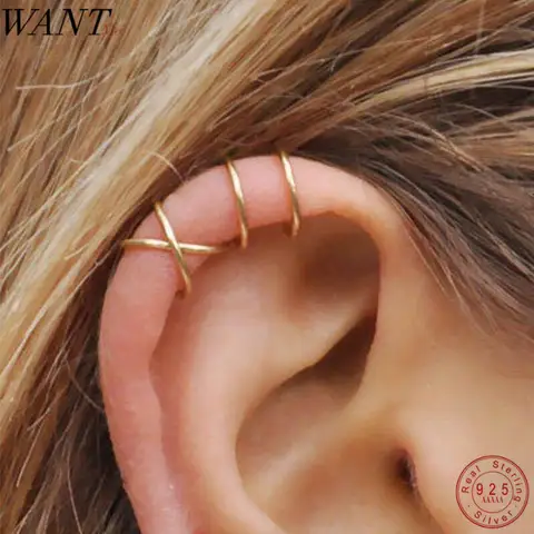 WANTME 트렌디 한 미니멀리스트 크로스 더블 이어 커프 클립 피어싱없이 여성을위한 귀걸이에 실제 100% 925 스털링 실버 주얼리