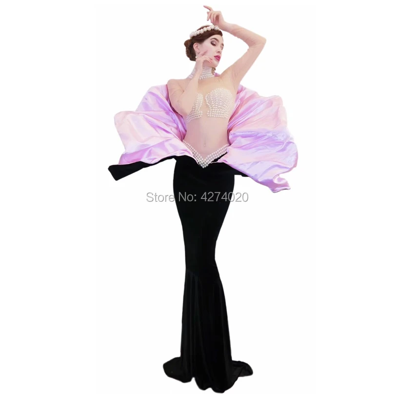 Sexy women pearls shells dresses Pearls Transparent Long Sleeves Dress Birthday Celebrate Long party Dress